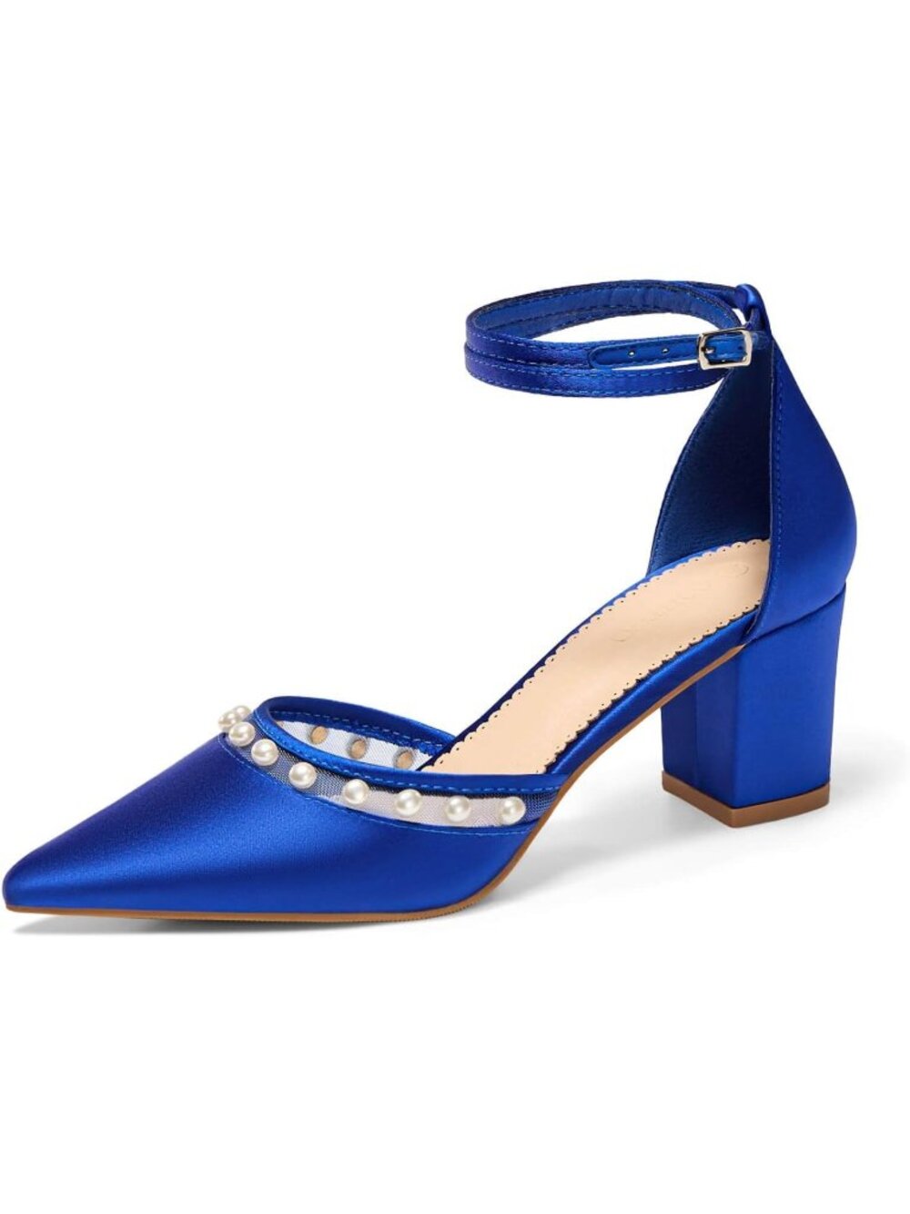 〽️Women's Royal Blue Pearl Chunky Heels Closed Pointed Toe Ankle Strap Shoes